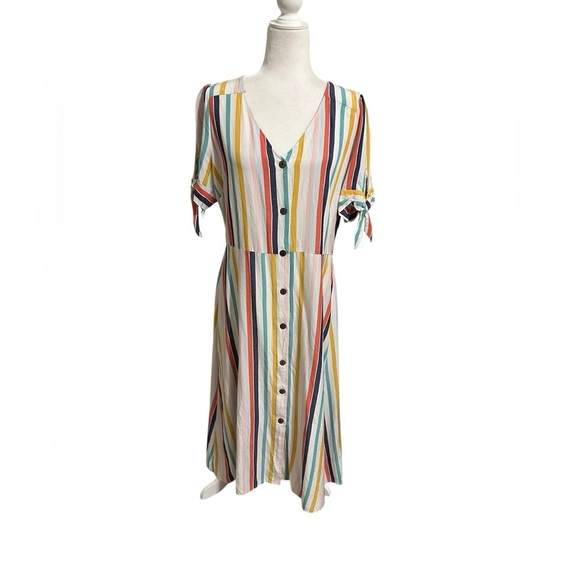 a.n.a Rainbow Striped Midi Sundress with V-Neck and Cuffed Sleeves Linen Blend L - Picture 2 of 10